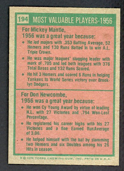 1975 Topps Baseball #194 Mickey Mantle Don Newcombe EX-MT 527273