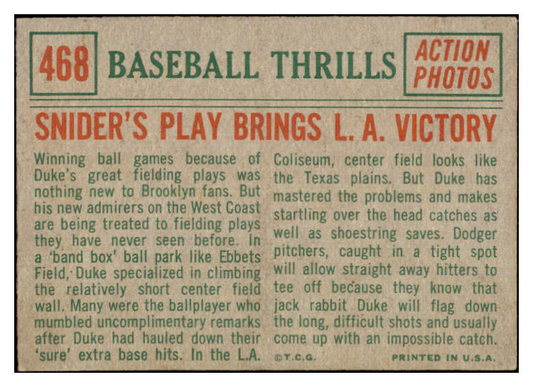 1959 Topps Baseball #468 Duke Snider IA Dodgers VG-EX 527396