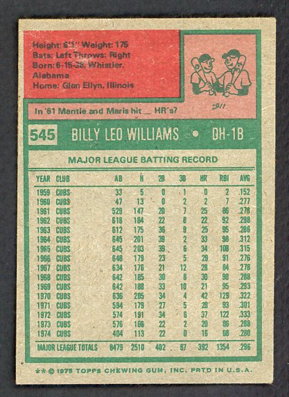 1975 Topps Baseball #545 Billy Williams A's VG-EX 527405