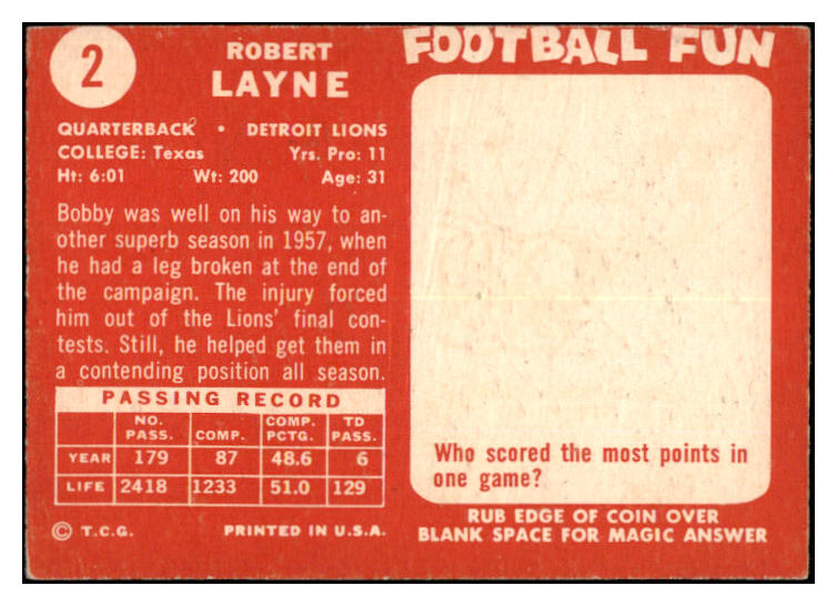 1958 Topps Football #002 Bobby Layne Lions GD-VG 527432