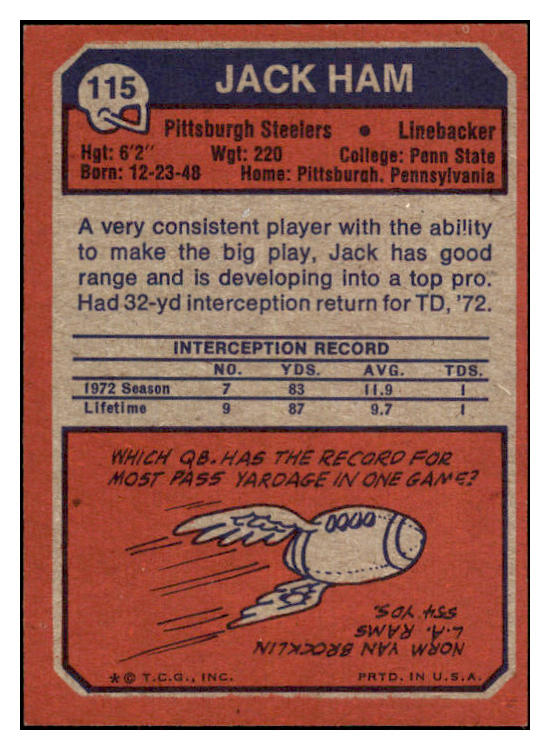 1973 Topps Football #115 Jack Ham Steelers EX-MT 527446