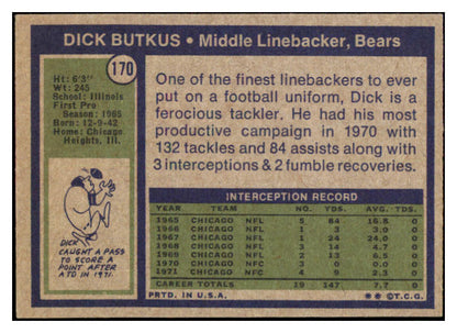 1972 Topps Football #170 Dick Butkus Bears EX 527448