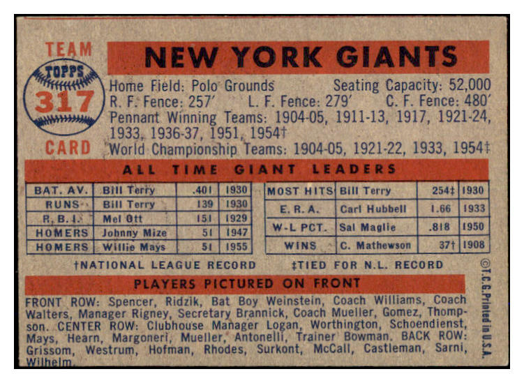 1957 Topps Baseball #317 New York Giants Team EX+/EX-MT 527468