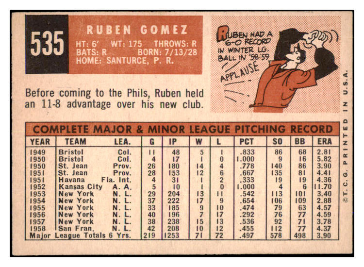 1959 Topps Baseball #535 Ruben Gomez Phillies EX-MT 527482