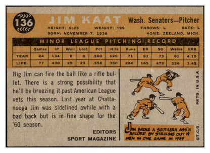 1960 Topps Baseball #136 Jim Kaat Senators EX+/EX-MT 527574