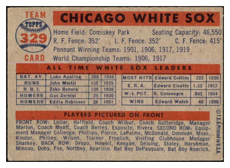 1957 Topps Baseball #329 Chicago White Sox Team VG-EX 527594