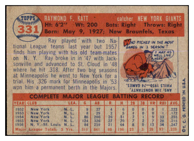 1957 Topps Baseball #331 Ray Katt Giants VG-EX 527618