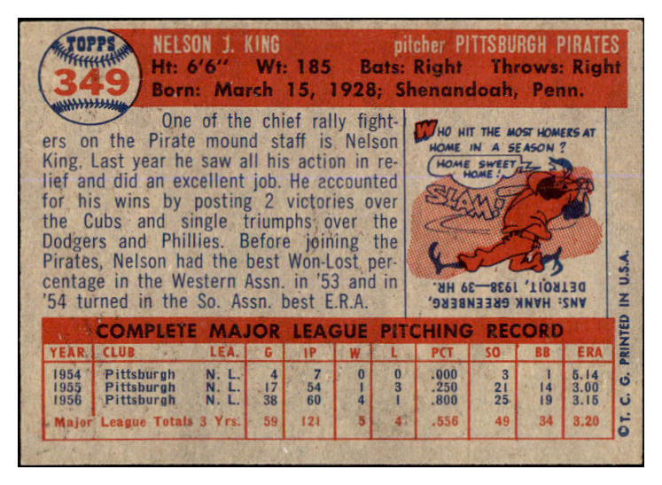 1957 Topps Baseball #349 Nelson King Pirates EX 527639