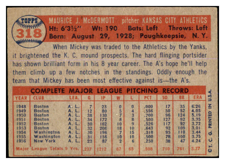 1957 Topps Baseball #318 Mickey McDermott A's EX 527647