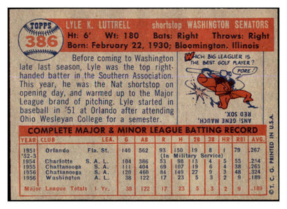 1957 Topps Baseball #386 Lyle Luttrell Senators EX-MT 527675