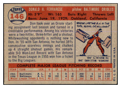 1957 Topps Baseball #146 Don Ferrarese Orioles EX-MT 527686
