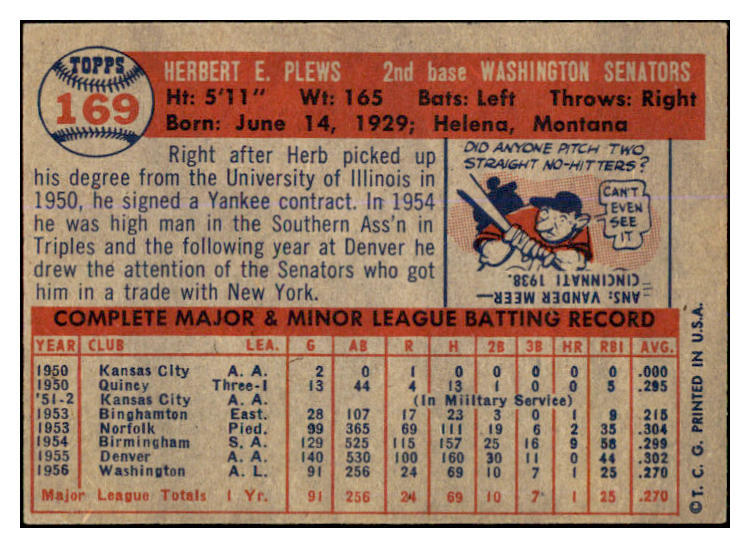 1957 Topps Baseball #169 Herb Plews Senators EX-MT 527694