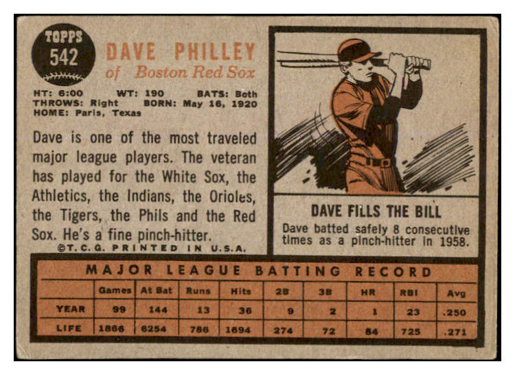 1962 Topps Baseball #542 Dave Philley Red Sox VG-EX 527707