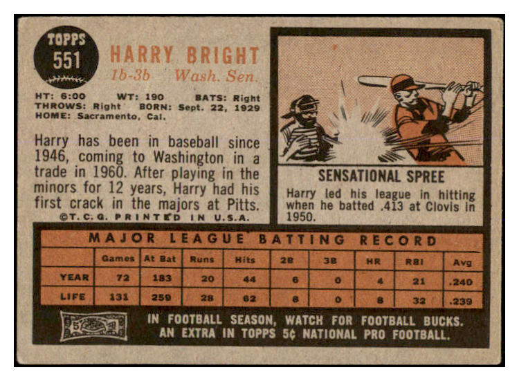 1962 Topps Baseball #551 Harry Bright Senators VG-EX 527718
