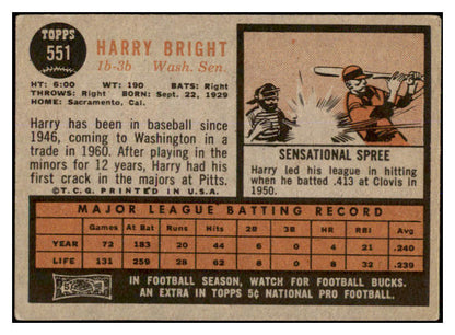 1962 Topps Baseball #551 Harry Bright Senators VG-EX 527718