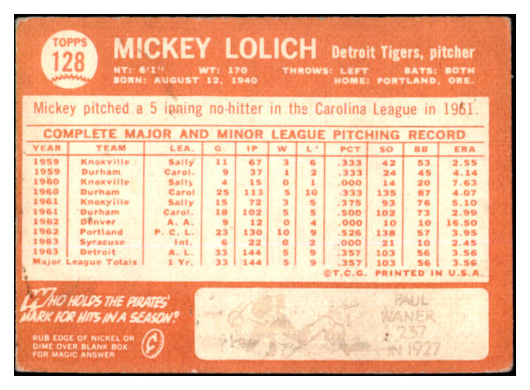 1964 Topps Baseball #128 Mickey Lolich Tigers VG-EX 527759