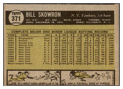1961 Topps Baseball #371 Bill Skowron Yankees VG-EX 527821