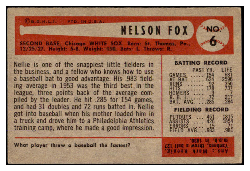 1954 Bowman Baseball #006 Nellie Fox White Sox EX-MT 527862