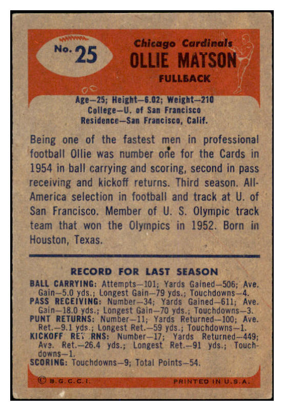 1955 Bowman Football #025 Ollie Matson Cardinals EX 527872
