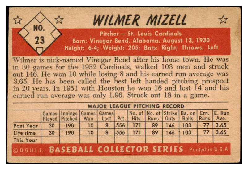 1953 Bowman Black & White Baseball #023 Wilmer Mizell Cardinals VG-EX 527932