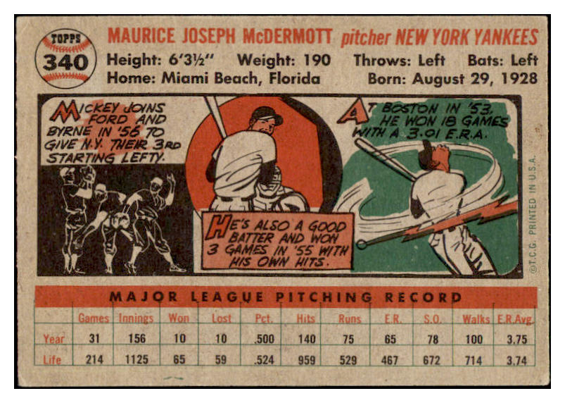 1956 Topps Baseball #340 Mickey McDermott Yankees EX-MT 527997