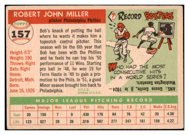 1955 Topps Baseball #157 Bob Miller Phillies VG-EX 528035