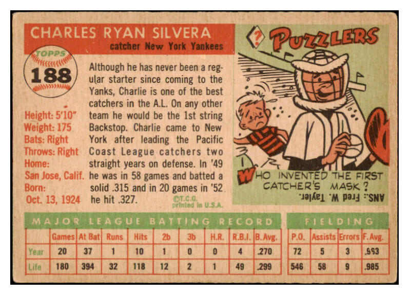 1955 Topps Baseball #188 Charlie Silvera Yankees VG-EX 528046