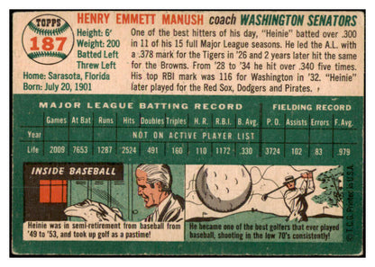1954 Topps Baseball #187 Heinie Manush Senators VG-EX 528061