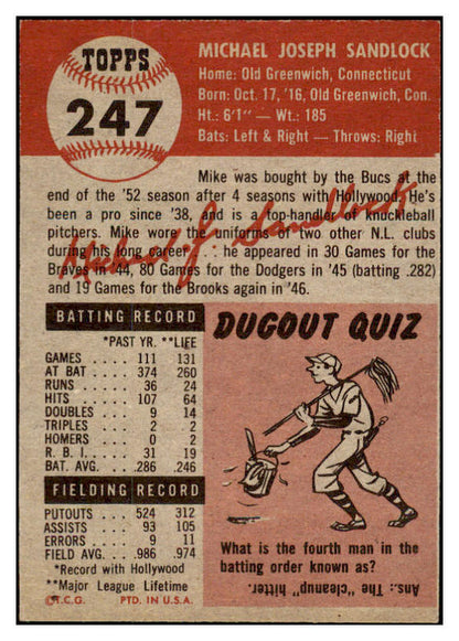 1953 Topps Baseball #247 Mike Sandlock Pirates EX 528068