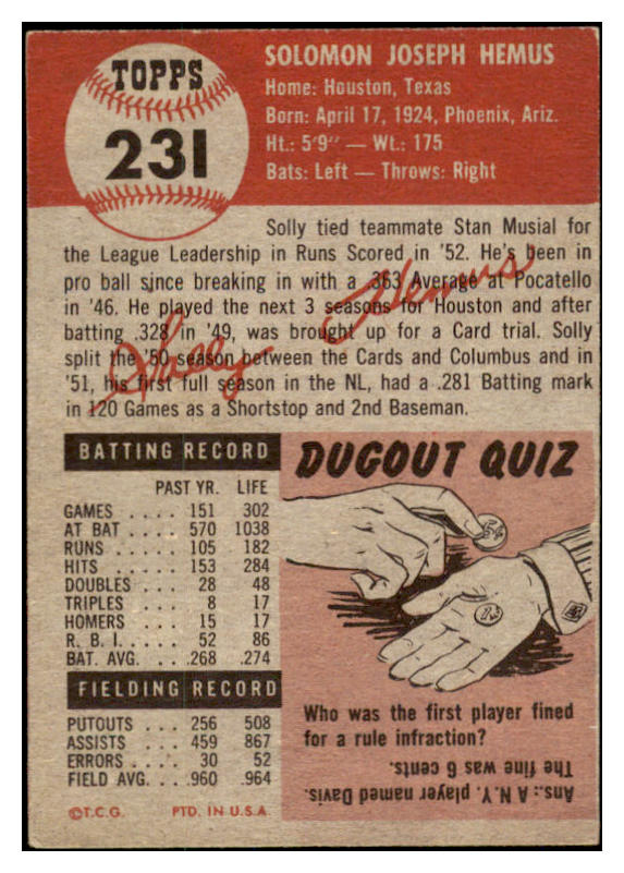 1953 Topps Baseball #231 Solly Hemus Cardinals EX 528074
