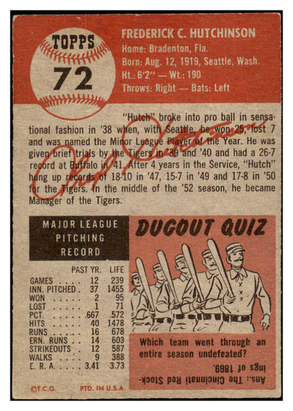 1953 Topps Baseball #072 Fred Hutchinson Tigers EX-MT 528079