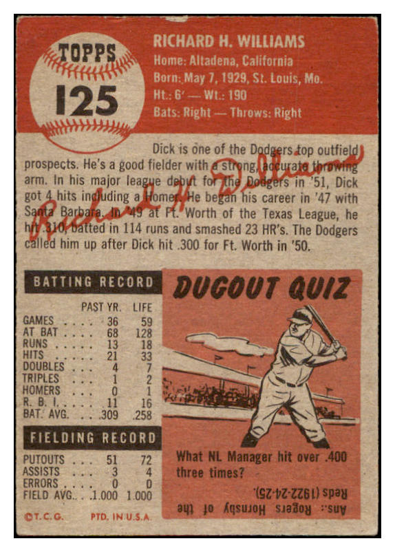 1953 Topps Baseball #125 Dick Williams Dodgers VG-EX 528082