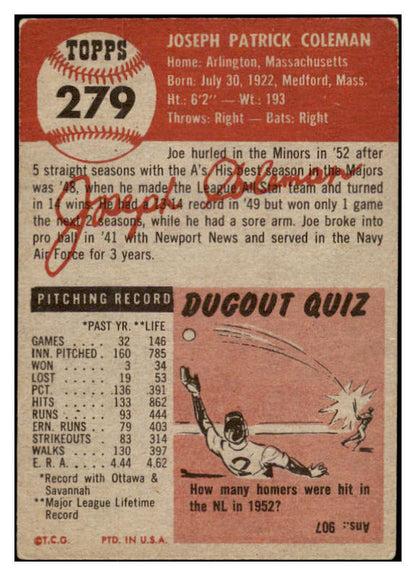 1953 Topps Baseball #279 Joe Coleman A's VG-EX 528088
