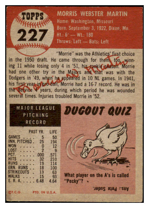 1953 Topps Baseball #227 Morrie Martin A's VG-EX 528098