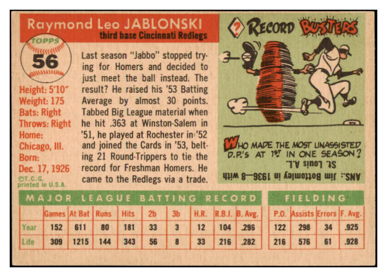 1955 Topps Baseball #056 Ray Jablonski Reds EX-MT 528130