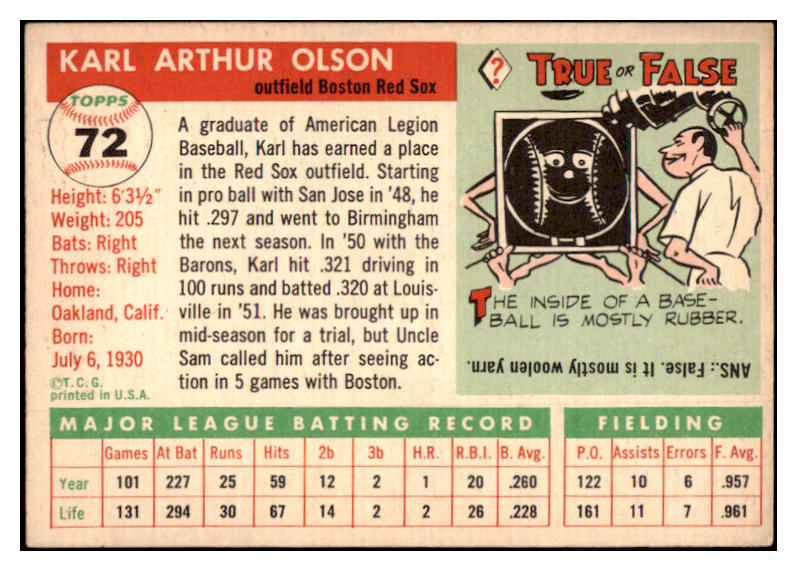 1955 Topps Baseball #072 Karl Olson Red Sox EX-MT 528132