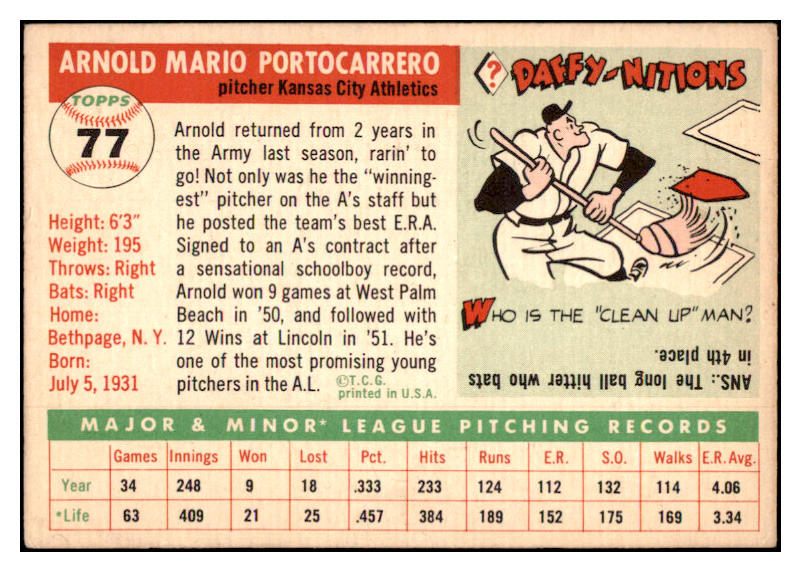 1955 Topps Baseball #077 Arnie Portocarrero A's EX-MT 528134