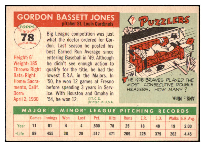 1955 Topps Baseball #078 Gordon Jones Cardinals EX-MT 528135