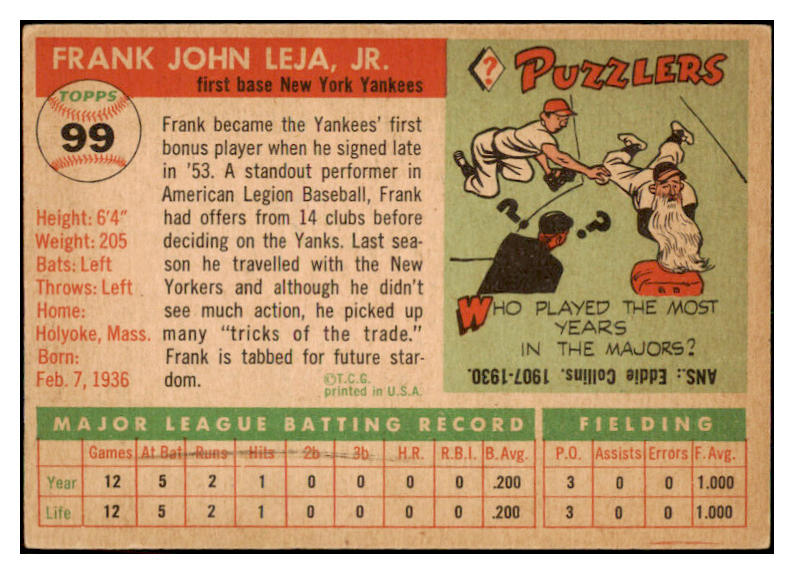 1955 Topps Baseball #099 Frank Leja Yankees EX-MT 528145