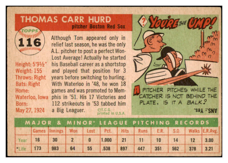 1955 Topps Baseball #116 Tom Hurd Red Sox EX-MT 528146