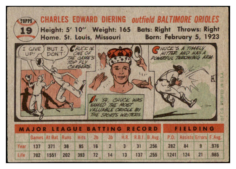 1956 Topps Baseball #019 Chuck Diering Orioles EX-MT Gray 528183