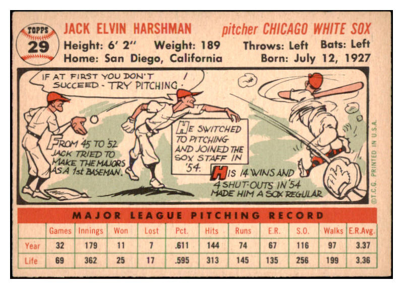 1956 Topps Baseball #029 Jack Harshman White Sox EX-MT White 528185