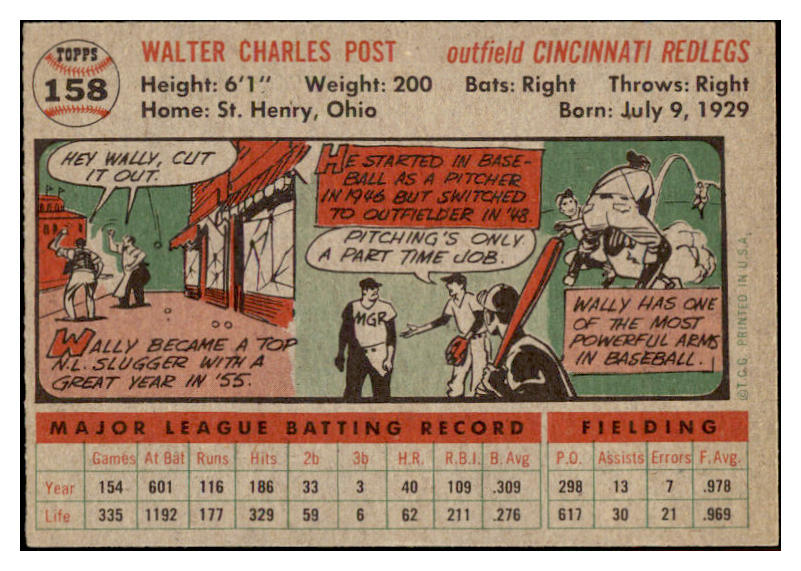 1956 Topps Baseball #158 Wally Post Reds EX-MT Gray 528215