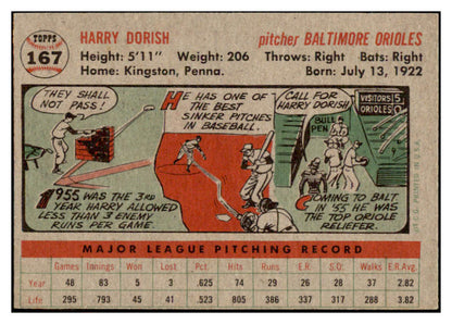 1956 Topps Baseball #167 Harry Dorish Orioles EX-MT Gray 528219