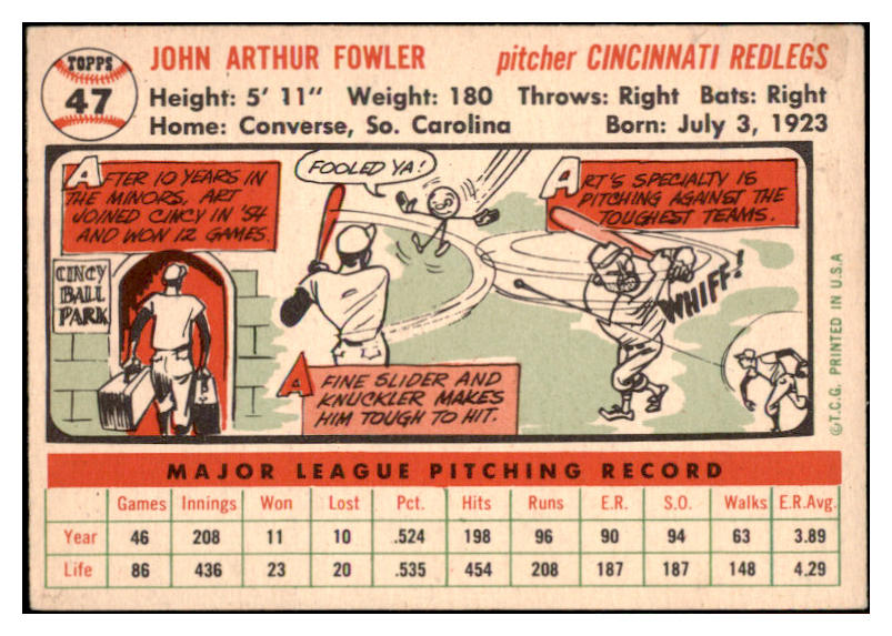 1956 Topps Baseball #047 Art Fowler Reds EX-MT White 528261