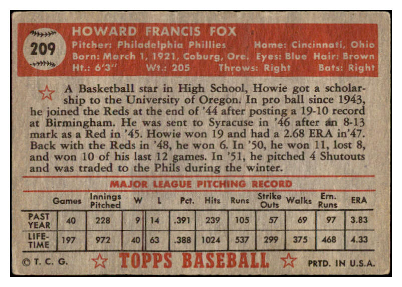 1952 Topps Baseball #209 Howie Fox Phillies VG-EX 528282