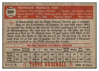 1952 Topps Baseball #209 Howie Fox Phillies VG-EX 528282