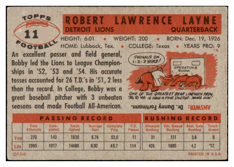 1956 Topps Football #116 Bobby Layne Lions VG-EX 528311
