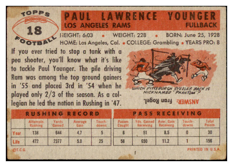 1956 Topps Football #018 Tank Younger Rams VG-EX 528325