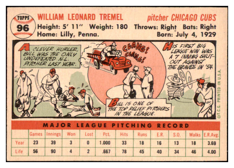 1956 Topps Baseball #096 Bill Tremel Cubs EX-MT White 528379